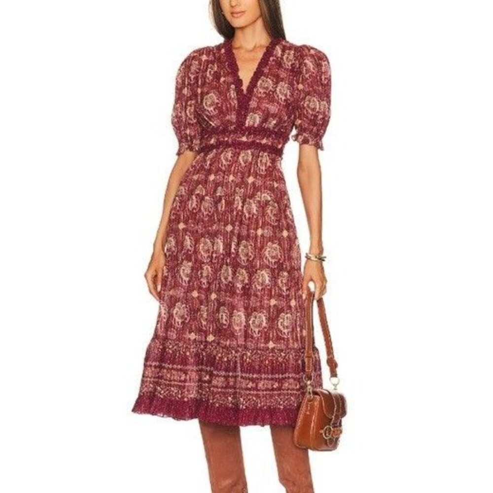 Ulla Johnson Elli Midi Puff Sleeve Ruffle Hem Dress Amaranthus Red Cottagecore 2